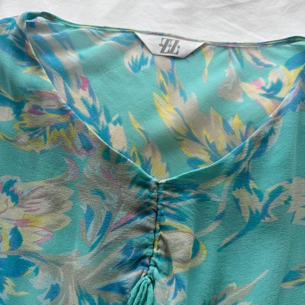 Y2k teal floral blouse with tie - Picture 3 of 3
